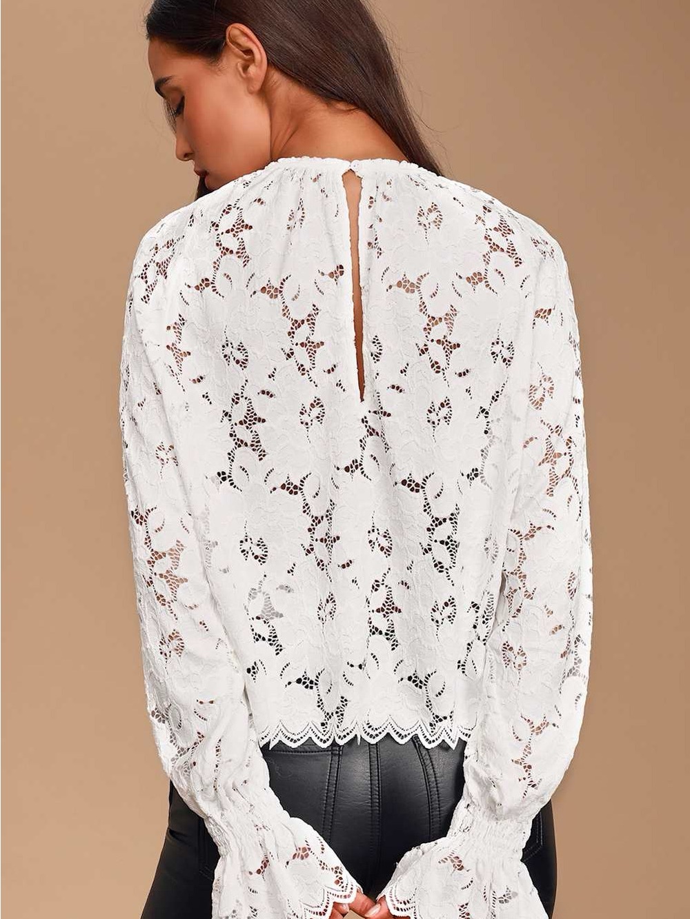 Free People White Lace Boho Blouse Size L Bell Sleeve Ivory Cottagecore Romance